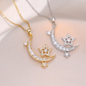 Stern Mond Anhänger Halskette Titanstahl Zirkonia Minimalistisch Modeschmuck Für Damen Ins Stil