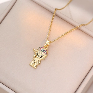 Golden necklace with cartoon boy pendant and colorful zircon stones on hat