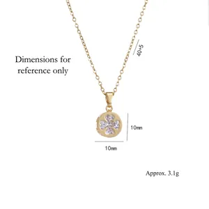 Elegant clover necklace with zircon pendant in polished titanium steel on white background