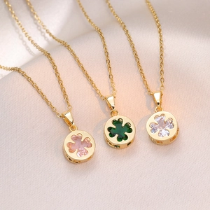 Stainless Steel Heart Four Leaf Clover Pendant Necklace Zircon Inlaid Simple Elegant Fashion Jewelry For Women