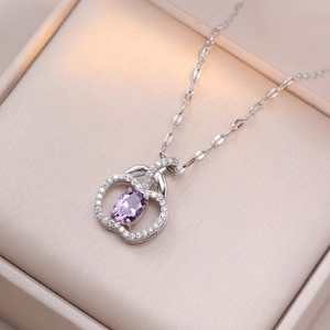Apple Pendant Necklace Titanium Steel Purple Zircon Inlaid Elegant Jewelry For Women Ins Style Fashionable Sparkling