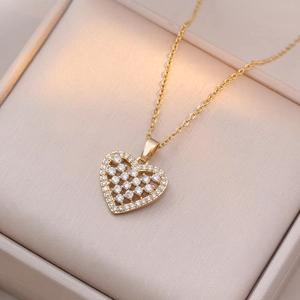 Collier Pendentif Cœur Acier Inoxydable Micro Pavé Zircon Creux Mode Bijoux Vintage Pour Femmes