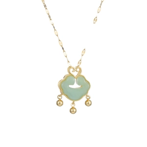 Vintage emerald green zircon pendant necklace in gold-plated titanium steel with lock charm
