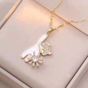 Rotating Bear Pendant Necklace Gold Plated Titanium Steel Micro Inlaid Zircon Star Flower Cute Trendy Jewelry Women