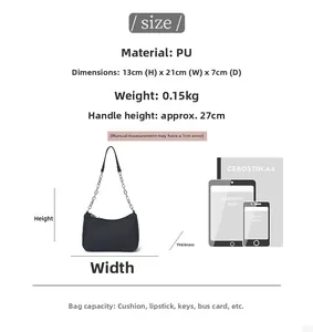 Detailed size guide for minimalist black PU shoulder bag with size comparison to iPad