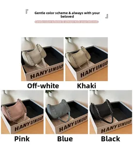 Detailed grid view of minimalist chain bags in five soft colors with textured fabric finish
