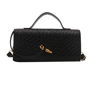 Black woven textured shoulder bag with gold metal buckle and detachable strap for women