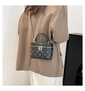 Detail view of the black vanity bag with gold zippers and metal chain strap on shoulder