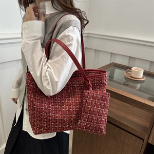 Red tweed tote bag with detachable pouch, stylish woven shoulder bag for women