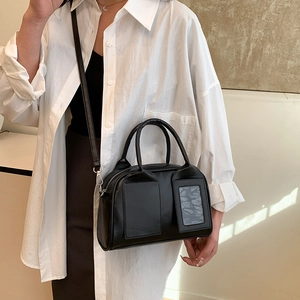 Sac Boston minimaliste en cuir PU noir avec fente pour carte pour le quotidien des femmes