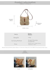 Detailed size chart of handmade straw crossbody bag with dimensions 24cm by 24cm