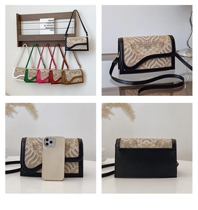 Detailed views of vintage jacquard crossbody bags in six colors with size comparison