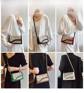 Detailed grid showing multi-color embroidered crossbody bags worn with various outfits