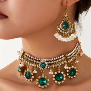 Collier Et Boucles D'oreilles Bijoux Alliage De Zinc Strass Cristal Faux Künstliche Perle Vintage Ethnique Fleur Bohème Femmes