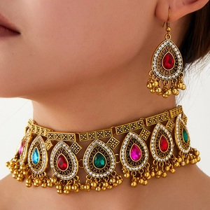 Retro Bohemian Teardrop Faux Gemstone Necklace And Earrings Zinc Alloy Rhinestone Ethnic Choker Tassel For Women