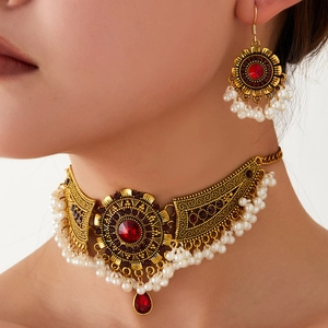 Vintage Etnische Vleugel Strass Ketting Oorbellen Set Antiek Zilver Goud Legering Neparel Kwastje Choker Vrouwen Exotische Sieraden