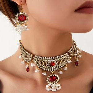 Bijoux Ethniques Vintage En Alliage Collier Et Boucles D'oreilles Avec Künstliche Perles De Culture Strass Pierres Synthétiques Chic