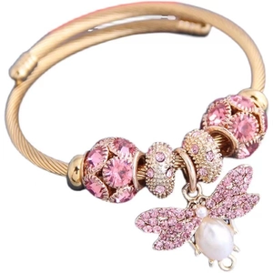 Bracelet Jonc Bohème Mode Strass Femmes Pendentif Abeille Künstliche Perle Imitation Câble Torsadé Bijoux En Alliage