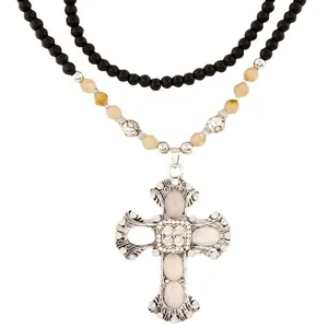 Vintage Cross Pendant Necklace Long Sweater Chain Double Layer Beaded Alloy Rhinestone Cat Eye Stone Bohemian Jewelry