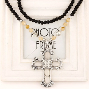 Vintage cross pendant necklace with opal stones and double-layered beaded chain design
