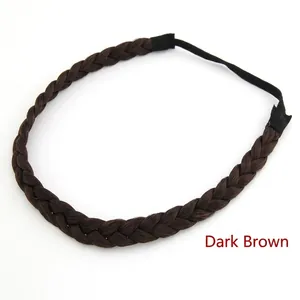 Dark brown braided synthetic hair headband with elastic strap shown on white background