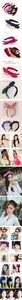 Various colors of fabric rabbit ear bow headbands shown on models and flat lay