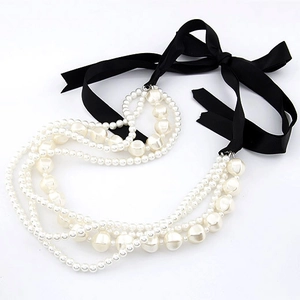 Collier De Künstliche Perles Multicouches Élégant Chaîne Longue Vintage Avec Nœud En Ruban De Satin Noir Bijoux Pour Femmes Style Français