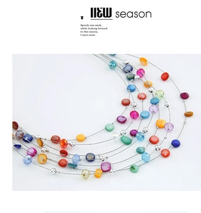 Detail of bohemian multilayer necklace with colorful round shell beads and silver spacers