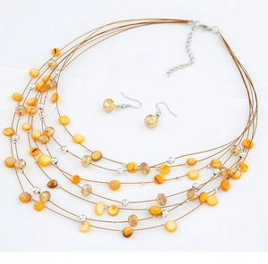 Detail of bohemian multilayer necklace and earrings with shell discs and crystal beads