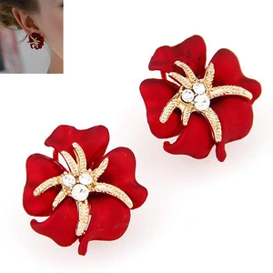 Bohemian matte red flower stud earrings with golden star center and sparkling rhinestones