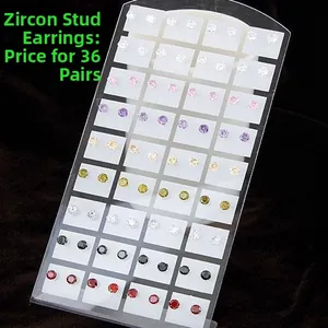 Set of 36 pairs of multi-colored round cubic zirconia stud earrings on display stand