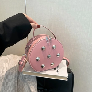 Women Round Rivet Crossbody Bag PU Leather Small Shoulder Bag Metal Studded Handbag For Commuter Daily Street Style