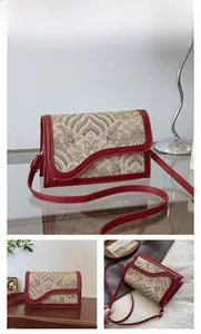 Detailed views of wine red shoulder bag with traditional wave embroidery and flap closure