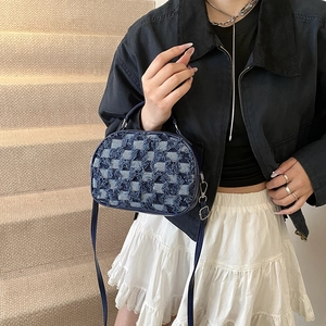 Retro denim checkered crossbody bag with tassels and silver hardware for women