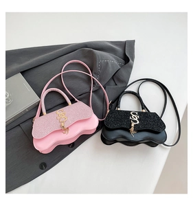 Detailed comparison of pink and black sequin handbags with wavy bottom and logo detail