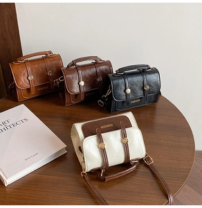 Detailed view of four vintage crossbody square bags in brown, black, and beige PU leather