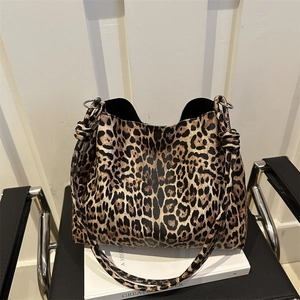 Leopard Print Tote Bag For Women Large Capacity PU Leather Shoulder Bag With Knotted Strap Fashion Commute Handbag
