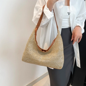 Fashion woven hobo shoulder bag with brown leather straps and large capacity for women