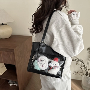 Elegant black PU leather ita tote bag with transparent window and cute plush toys