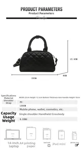 Detailed dimensions of black quilted Boston bag with size and capacity specifications