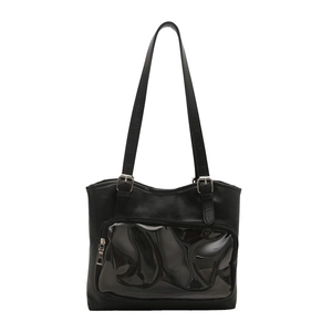 Minimalist black PU leather tote bag with transparent PVC pocket and adjustable straps