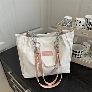 Grand Sac Fourre-Tout En Cuir PU Avec Bretelles Roses Chaîne En Métal Künstliche Perle Noeud En Dentelle Sac À Épaule Coréen Doux Femmes