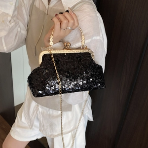 Elegant black sequin evening clutch bag with gold handle and detachable chain strap