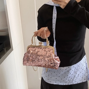 Pink sequin evening clutch bag with gold frame handle and chain strap for women