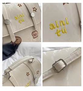 Detailed views of beige glossy backpack with embroidery and adjustable metal buckles