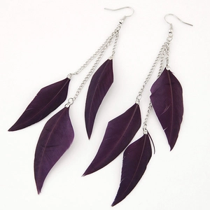 Deep purple feather long tassel earrings with silver fish hook for women accessories