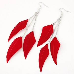 Long red feather tassel earrings with silver chains in Bohemian ethnic fashion style