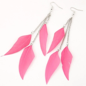 Bohemian long feather drop earrings with pink feathers and silver tassels on white back