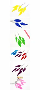 Detailed close-up of colorful feather tassel earrings with elegant metal chains