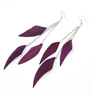 Detail of dark purple feather tassel earrings with silver metal chain dangling long